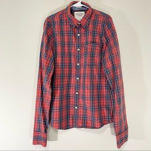 Abercrombie & Fitch Red Plaid Muscle Fit Long Sleeve Button Up Size XL